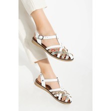 205-02 Beyaz Garni Ortopedik Hakiki Deri Kadın Sandalet