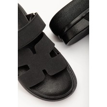 24422-HERMES Siyah Dolgu Topuk Kadın Sandalet