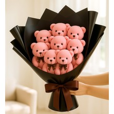 Giftstime Siyah Buket Içinde 7 Adet Pembe Ayıcık Buketi   Hediyelik Peluş Ayı Buketi