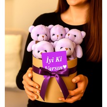 Giftstime Ayıcık Buketi Mor Renk  5 Adet Mor Kurdeleli Iyi Ki Varsın" Mesajlı Ayıcık Kutusu Hediye Kutusu   Mor Ayıcık Kutusu Hediye Seti