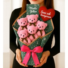 Giftstime Yılbaşı Özel 5'li Sevimli Yeni Yıl Buketi Ayıcık Buketi 5'li Fotoğraflı Pembe Ayıcık ve Büyük Kurdeleli