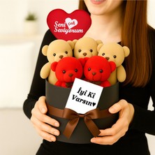 Giftstime Ayıcık Buketi 5 Adet Kırmızı & Krem Peluş Ayıcık Buketi Seni Seviyorum