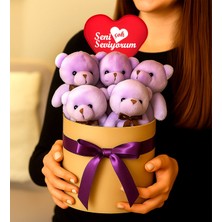 Giftstime Mor Renk Ayıcık Buketi  5 Adet Mor Kurdeleli Ayıcık Kutusu Hediye Kutusu   Mor Ayıcık Kutusu  Seti