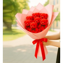 Giftstime Kırmızı Ayıcık Buketi - 7 Adet Sevimli Peluş Ayı Ayıcık Buketi   Hediyelik Peluş Ayı Buketi