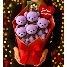 Giftstime Kişiye Özel Fotoğraflı Mor Ayıcık Buketi ve  Mor Kurdeleli Hediye Mor Ayıcık Buketi Doğum Günü Hediyesi 5'li Mor Ayıcık Buketi Sevgiliye Hediye