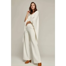 Qaju Kadın Yüksek Bel Triko Wide Leg Pantolon (100CM)- Ekru