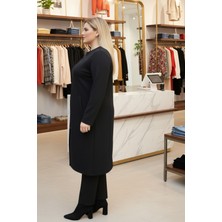 Laden Kadın Triko Mevsimlik Orta Kalınlıkta Çelik Örgü Büyük Beden Fermuarlı Kap Uzun Siyah Anne Hırka