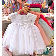 Pacco Baby El Örgüsü %100 Pamuk Ekru Kolsuz Tütü Elbise