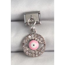 Dktt 316L Çelik Gümüş Renk Sallantı Zirkon Taşlı Pembe Göz Model Nomination Charm - TJ-BC1373