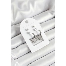 Dktt Pirinç Zirkon Taş Ve Kalp Figürlü Gümüş Renk 3'lü Çift Kadın Küpe Set - TJ-BKP10644