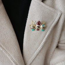 Lente Aksesuar Üçlü Yeni Yıl Kedisi Broş-Gold Renk Üç Kedi Figürlü Yılbaşı Broşu, Noel Baba Şapkalı ve Geyik Boynuzlu Sevimli Yaka Iğnesi