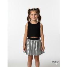 Dudese Kız Çocuk Siyah Crop ve Gümüş Piliseli Etek Takım, 3-9 Yaş