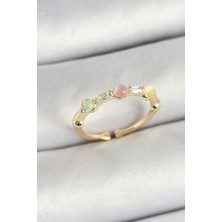 Dktt Pirinç Sıralı Boncuk Figürlü Zirkon Taşlı Gold Renk Ayarlanabilir Kadın Yüzük - TJ-BYK3758