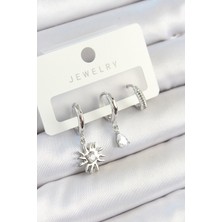 Dktt Pirinç Zirkon Taşlı Güneş Model Gümüş Renk 3'lü Çift Kadın Küpe Set - TJ-BKP10799