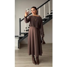 Oslove Kahve Kalın Askılı Kloş Elbise-Bluz Takım