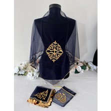 Kına Marketi Motifli Damat Örtüsü & Eldiveni & Mendili - Damat Kına Örtüsü - Lacivert & Gold - 3lü Set