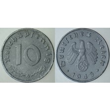 Banknoting Almanya 10 Pfennig 1943 A. Ikinci Dünya Savaşı Nazi Dönemi. Gamalı Haç. Çinko.