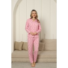 Pamuklu-Lycrali-Kiraz-Desenli-Düğmeli-Uzun-Kollu-Pijama-Takımı