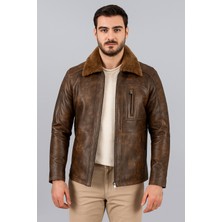 Derije Carlos Hakiki Deri Erkek Vintage Seyyar Kürk Yaka Mont