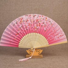 Özbience Bambu Kumaş Vintage Pembe Çiçekli Şık Püsküllü Japon Yelpaze