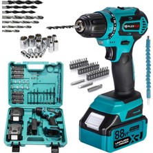 Akülü Vidalama Matkap Seti 82 Parça, Mavi, 88VF Kömürsüz, Çok Fonksiyonlu
