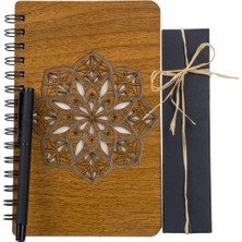 Özbience Mandala Tasarımlı Özel Ahşap Defter ve Metal Rubber Kalem Seti