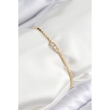 Dktt Pirinç Zirkon Taşlı Dikdörtgen Model Ezme Zincir Gold Renk Kadın Bileklik - TJ-BB7593