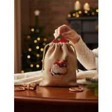 Özbience Sevimli Noel Baba Cüce Baskılı Hediyelik Jüt Kese (10X15 Cm)