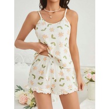 Deridün Yıldız Shoes Kadın Ekru Çiçek Baskılı Şortlu Gecelik Pijama Takımı 5047