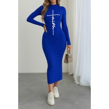 Deridün Yıldız Shoes Kadın Uzun Kollu Boğazlı Baskı Detaylı Viskon Tam Boy Elbise