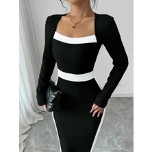 Deridün Yıldız Shoes Kadın Uzun Kollu Geometrik Yaka Midi Ithal Krep Elbise