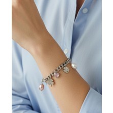 Hg.Aksesuar Kadın Inci Kalp ve Yonca Detaylı Sallantılı Çelik Bileklik