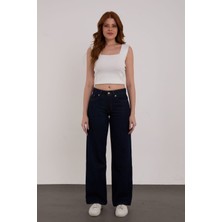 Yüksek Bel Geniş Paça Jean Pantolon Palazzo Mavi Bol Kesim %100 Pamuk Denim Greenlit Premium