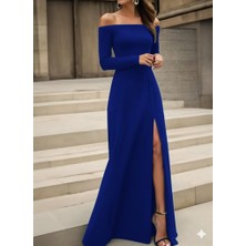 Deridün Yıldız Shoes Kadın Uzun Kollu Madonna Yakalı Yırtmaç Detaylı Uzun Ithal Krep Elbise