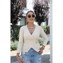 Deridün Yıldız Shoes Kadın Uzun Kollu Kruvaze Yakalı Toka Detaylı Viskon Bluz