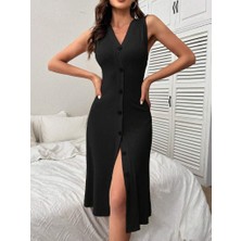 Deridün Yıldız Shoes Kadın V Yakalı Önden Düğmeli Kaşkorse Elbise