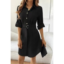 Deridün Yıldız Shoes Kadın Uzun Kollu Yakalı Önden Düğmeli Beli Kuşaklı Mini Ithal Keten Elbise