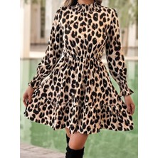 Deridün Yıldız Shoes Kadın Uzun Kollu Yarı Balıkçı Yaka Leopar Desenli Modal Mini Elbise