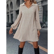 Deridün Yıldız Shoes Kadın Uzun Kollu Yakalı Desenli Mini Modal Elbise