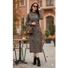 Deridün Yıldız Shoes Kadın Uzun Kollu Balıkçı Yaka Leopar Desenli Midi Boy Elbise