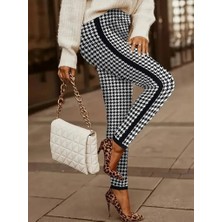 Deridün Yıldız Shoes Kadın Yüksek Bel Kaz Ayağı Desenli Yanları Şeritli Dalgıç Pantolon
