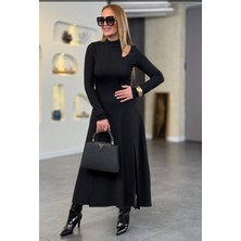 Deridün Yıldız Shoes Kadın Balıkçı Yaka Damla Detaylı Yırtmaçlı Uzun Viskon Iki Iplik Maxi Elbise