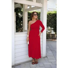 Deridün Yıldız Shoes Kadın Uzun Kollu Tek Omuz Detay Krep Elbise