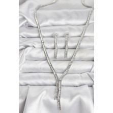 Stillove Gümüş Renk Baget Zirkon Taşlı Kadın Kolye Küpe Set