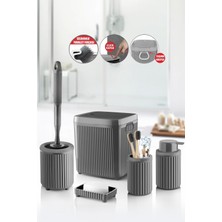 Özbience Şık 5'li Banyo Seti, Tuvalet ve Kova Takımı, Gri Renkli