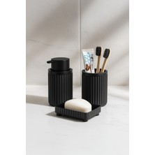 Özbience Şık Siyah 3 Parça Banyo Seti, Oval Akrilik Sabunluk ve Fırçalık Takımı