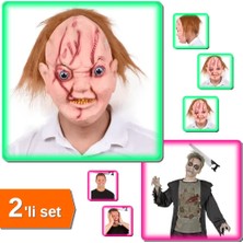 Hereveoyuncak Chucky Saçlı Lateks Maske + Kafaya Saplanmış Korkunç Testere Şakka Tacı Aksesuarı - 2li Set F2Q9S8