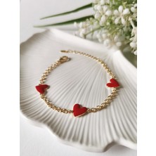 Halley Concept Vip Kırmızı Kalp Detaylı Çelik Bileklik 14K Altın Renk