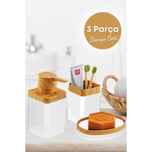 Özbience 3 Parça Ahşap Desenli Banyo Seti Beyaz, Sabunluk ve Diş Fırçalık