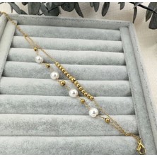 Hg.Aksesuar Kadın Çift Zincirli Inci ve Top Detaylı Çelik Bileklik